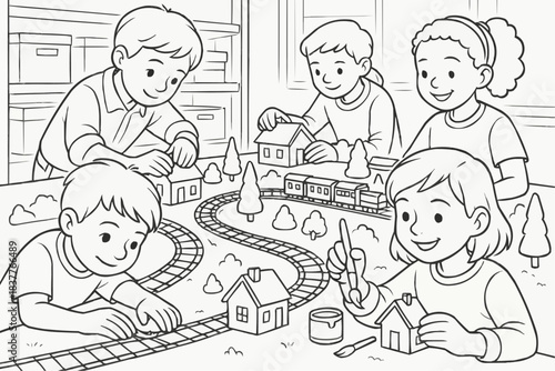 Coloring book for children - Children working together on a model train set in playroom  