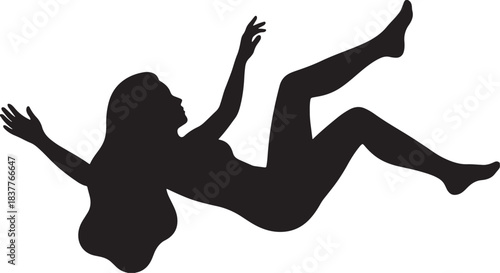 Black silhouette of a woman falling on white background, vector