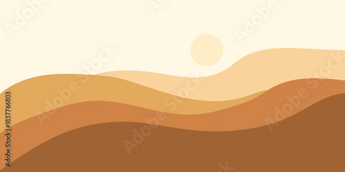 Abstract minimalist desert landscape with rolling sand dunes and a setting sun in warm earthy tones.