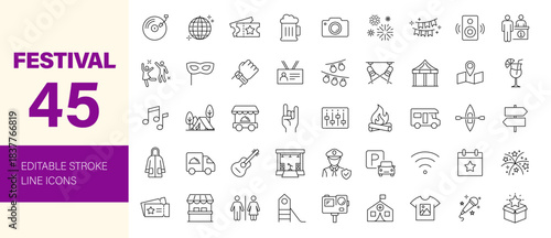 Festival icon set. Editable line icons. Vector illustration.