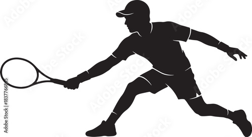 Black silhouette of a tennis player swinging racket on white background, vector
