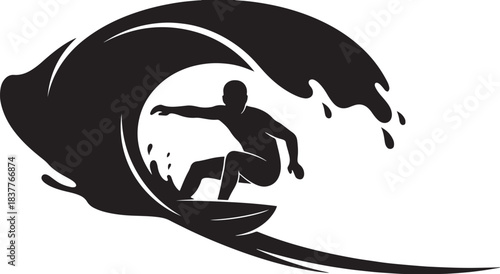 Black silhouette of a surfer riding wave on white background, vector