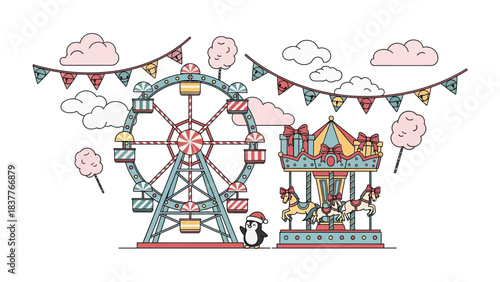 Carousel and Ferris Wheel Delight: A whimsical illustration depicts a festive carnival scene with a carousel and Ferris wheel, evoking the joy of a funfair with playful clouds and vibrant decorations.