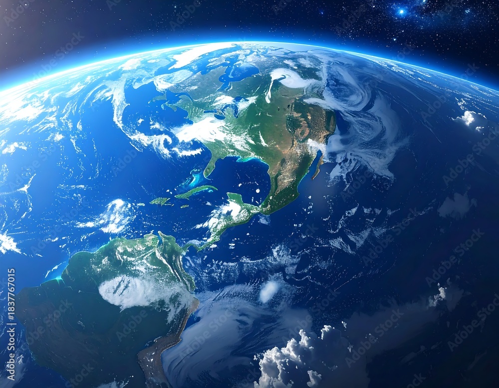 Fototapeta premium Vivid rendering of Earth, showcasing landmasses, oceans, and atmosphere