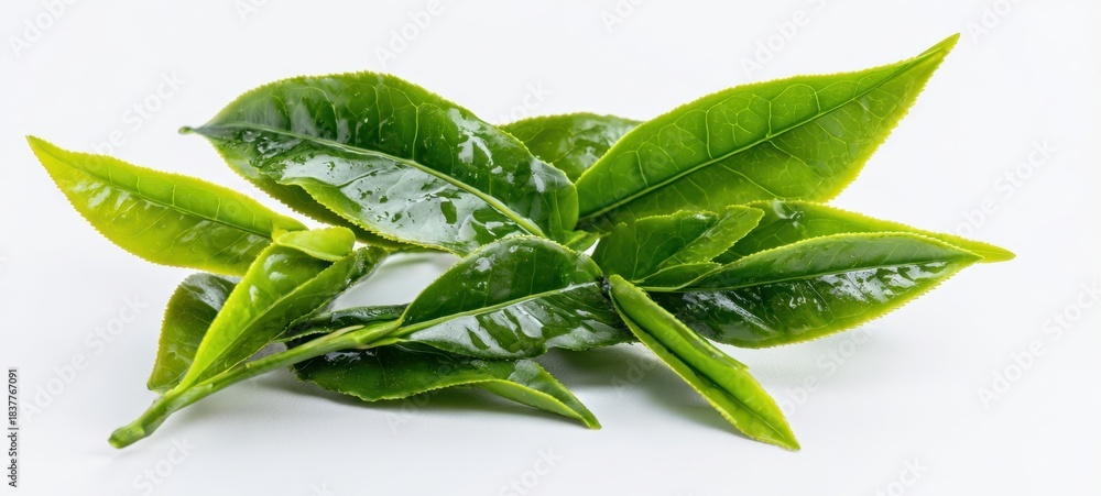 Fototapeta premium The tea leaves with water droplets on white background showing fresh green texture