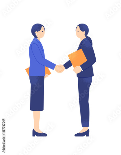 商談が成立したシーン 握手で契約を交わす2人のビジネスウーマン ベクターイラスト素材