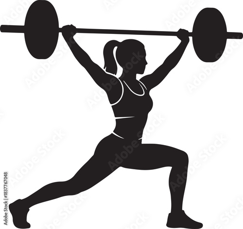 Black silhouette of a woman lifting weights on white background, vecto