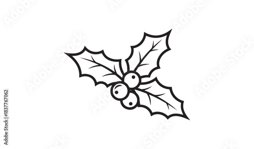 Simple black and white line drawing of a holly sprig with berries