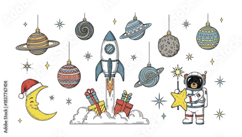 Christmas Space Adventure: A whimsical illustration showcases a rocket ship soaring through space adorned with festive decorations, including planet-shaped ornaments.