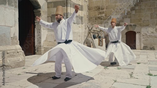 Slow motion of whirling Dervish dancers in traditional dress, Konya, Turkey
