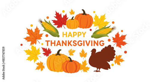 Festive autumn harvest celebration illustration featuring pumpkins, colorful leaves, corn, and a turkey, perfect for seasonal greetings, gratitude, and holiday designs