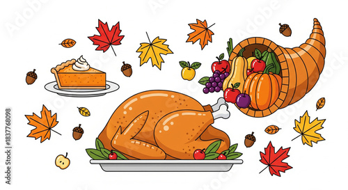 Happy Thanksgiving Celebration with Roasted Turkey, Pies, and Autumn Harvest Fruits and Vegetables