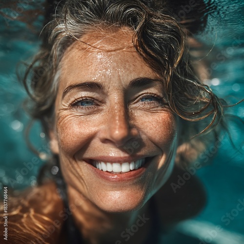 Smiling woman in clear water embracing joy and longevity while swimming under the sun