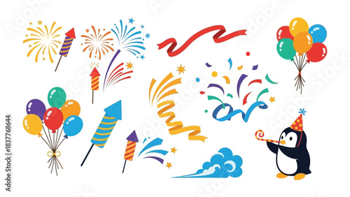 Celebratory Elements: A vibrant illustration showcasing fireworks, ribbons, balloons, and an adorable penguin ready to celebrate with festive spirit.