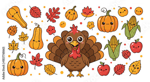 Adorable Autumn Harvest Celebration Vector Collection with Kawaii Turkey, Pumpkins, and Fall Leaves, Perfect for Seasonal Designs and Festive Decorations