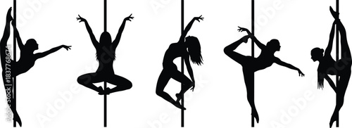 Pole dancing silhouettes, fitness poses, strength and flexibility, artistic movement, black illustration, dance expression, athletic form, vertical pole art