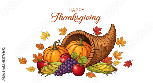 Happy Thanksgiving Harvest Cornucopia Filled with Pumpkins, Grapes, and Autumn Leaves Illustration