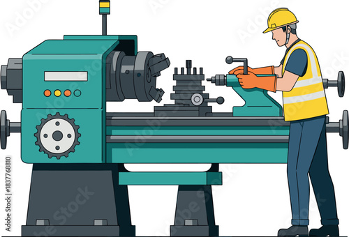 Industrial vector illustration of a factory technician wearing a hard hat and safety vest, operating a large, heavy-duty metal lathe machine for precise manufacturing and engineering processes.