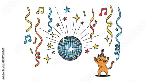 Party Cat: Playful celebration scene featuring an anthropomorphic cat dancing under a sparkling disco ball with streamers, stars, and musical notes, radiating joy.