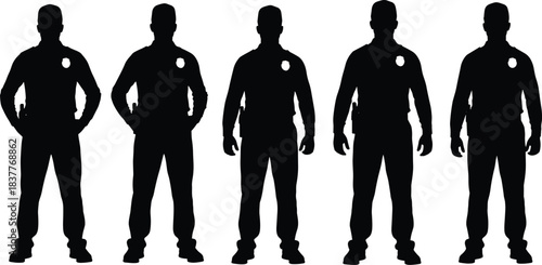 Police officer silhouette illustration set, black vector, uniformed figures, law enforcement theme, badge icon, security artwork