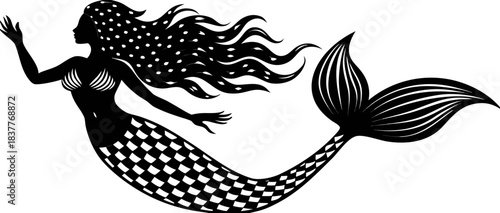 Stylized mermaid icon vector featuring flowing hair and tail, perfect for branding, packaging, and logos.