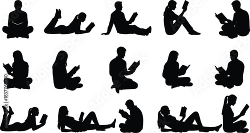 Reading pose silhouettes, people with books, relaxing readers, black vector icons, education concept, leisure activity, sitting, lying, reclining figures