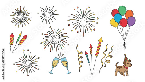 Festive Celebration Elements: A collection of celebratory graphic elements, showcasing fireworks, balloons, confetti and party elements to create visual joy.