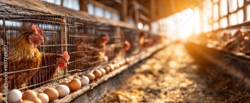 The chickens and rows of brown eggs in a sunlit rustic poultry barn