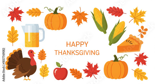 Vibrant autumn harvest festival illustration featuring traditional Thanksgiving symbols like turkey, pumpkin, pie, and colorful fall foliage, ideal for holiday designs and seasonal greetings