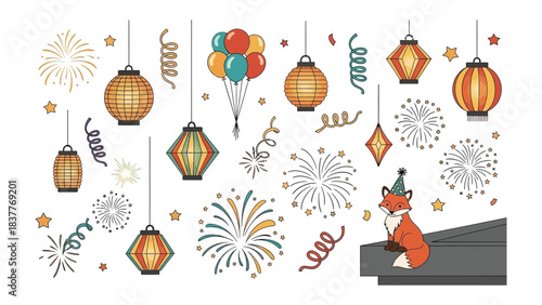 Festive Celebration Elements: An artistic illustration with various party-themed objects, including lanterns, balloons, fireworks, and decorative streamers.