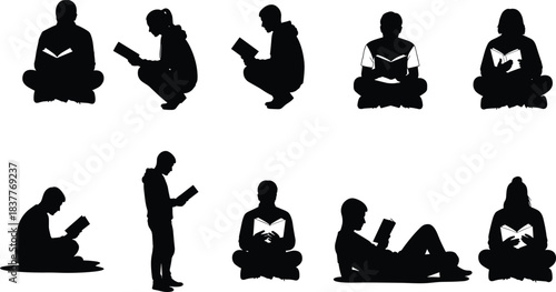 Reading silhouette collection, black and white vector, book pose illustration, sitting standing reclining figures, educational design, peaceful activity artwork