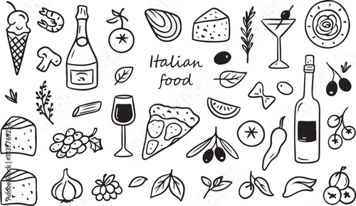Hand drawn italian food set. Mediterranean lunch and dinner icons in doodle style. Pasta, olive, pizza, cheese, tomato, lemon, wine. Dolce vita aesthetics black and white vector art