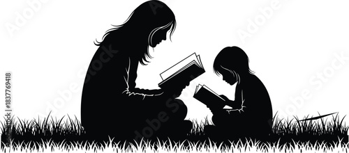 Reading together silhouette, adult and child, sitting on grass, book lovers, peaceful moment, education concept, black vector illustration