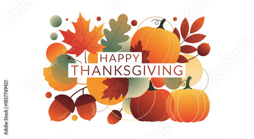 Happy Thanksgiving Greeting with Pumpkins, Acorns, and Autumn Leaves on a White Background - Festive Holiday Illustration