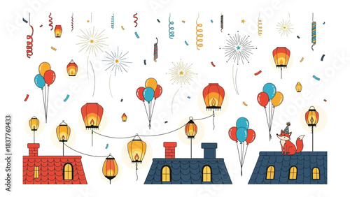 Festive Sky: Celebration elements float in a vibrant display, featuring colorful hot air balloon, lanterns, fireworks.