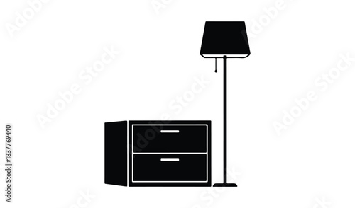 Minimalist black and white illustration of a nightstand and floor lamp