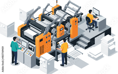 Isometric vector illustration of a massive industrial printing press machine with multiple workers overseeing paper production, symbolizing large-scale publishing, graphics, and production control.