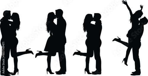 Romantic couple silhouette vector, love pose illustration, black graphic art, relationship icon, affectionate stance design, dating clipart