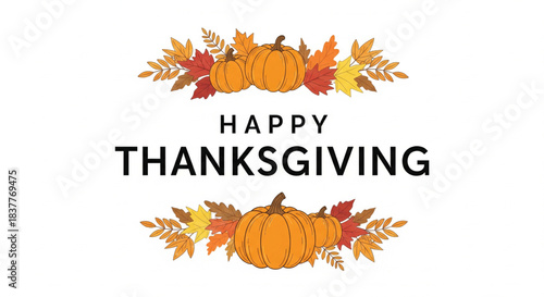 Happy Thanksgiving Autumn Harvest Celebration with Pumpkins and Colorful Fall Leaves