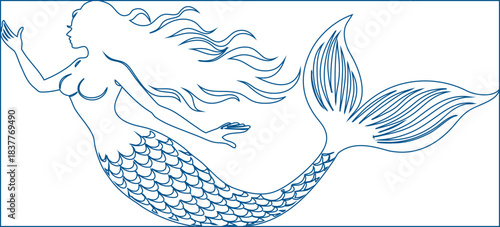 Nautical mermaid line icon vector for logos, web design, and marine-themed illustrations.