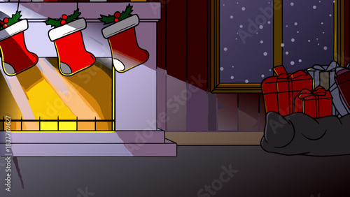 A cozy christmas scene with stockings hanging over a fireplace and presents near a snowy window view
