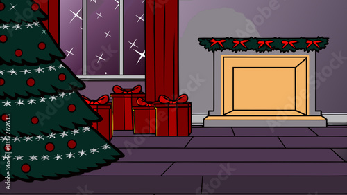 Christmas tree and presents in a room with a fireplace and window with stars at night time scene