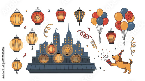 Lanterns and City Skyline: A vibrant illustration showcasing an array of decorative lanterns suspended above a stylized cityscape, complemented by colorful balloons and celebratory elements.