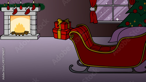 A christmas scene with a fireplace, stockings, presents, a sleigh, and a christmas tree inside a room