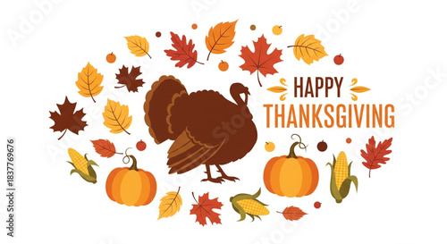 Vibrant autumn harvest illustration featuring a majestic turkey, ripe pumpkins, and colorful fall leaves, embodying the spirit of Thanksgiving celebration