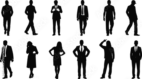 Silhouette business people standing, walking, posing in professional attire, diverse corporate figures, leadership concept, teamwork representation, modern workforce illustration, isolated characters
