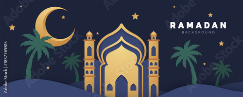 Ramadan night mosque landscape with moon and silhouetted trees