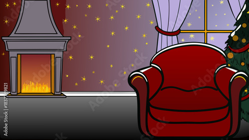 Illustration of a living room with a fireplace, armchair, christmas tree and star decorated wall