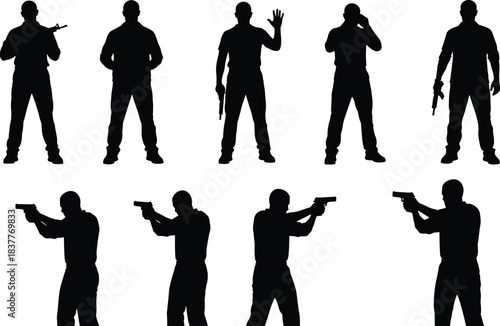 Silhouette firearm poses, tactical stance vector, handgun illustration, rifle posture clipart, black and white design, action figure graphic