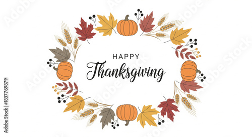 Happy Thanksgiving surrounded by autumn leaves, pumpkins, and wheat stalks in a decorative wreath